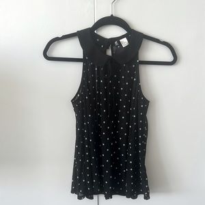 Never worn black with white polka dot sleeveless blouse with bow and collar